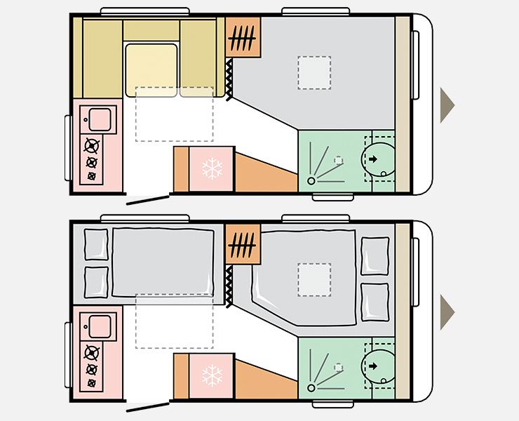 Notranja razporeditev počitniške prikolice Adria Altea 402 PH